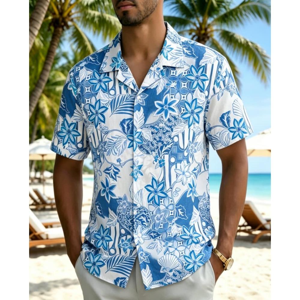 Męska koszula z tropikalnym kwiatowym wzorem, vintage, batik, letnia, casualowa, plażowa