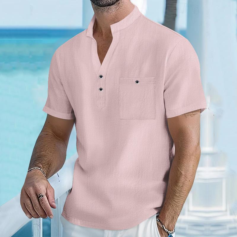 Men's Stand Up Collar Short Sleeved T-shirt Male Cotton and Linen  Casual Top Comfortable Breathable Casual Henry's Shirt
