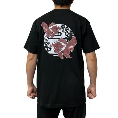 Oz Super Heavy Printed with Goldfish and Morning Black Size LL [Edo Ten] T-shirt, 7.4 Thickness, Glories, (back Print),