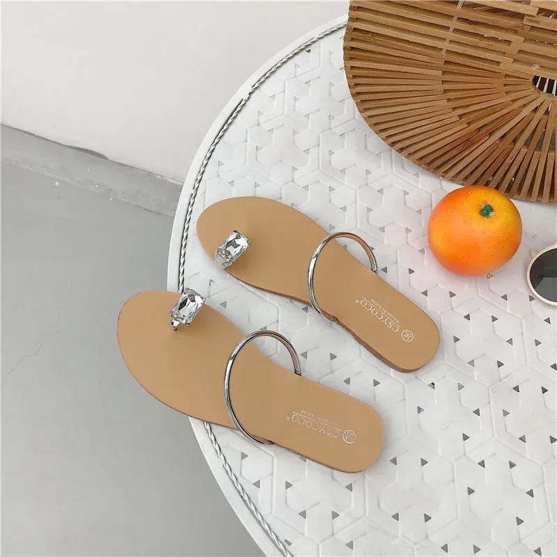 Summer Slippers Women Sandals Fashionable and Simple, Slim with Rhinestones, Flat Bottomed, Clip On Sandals for Women