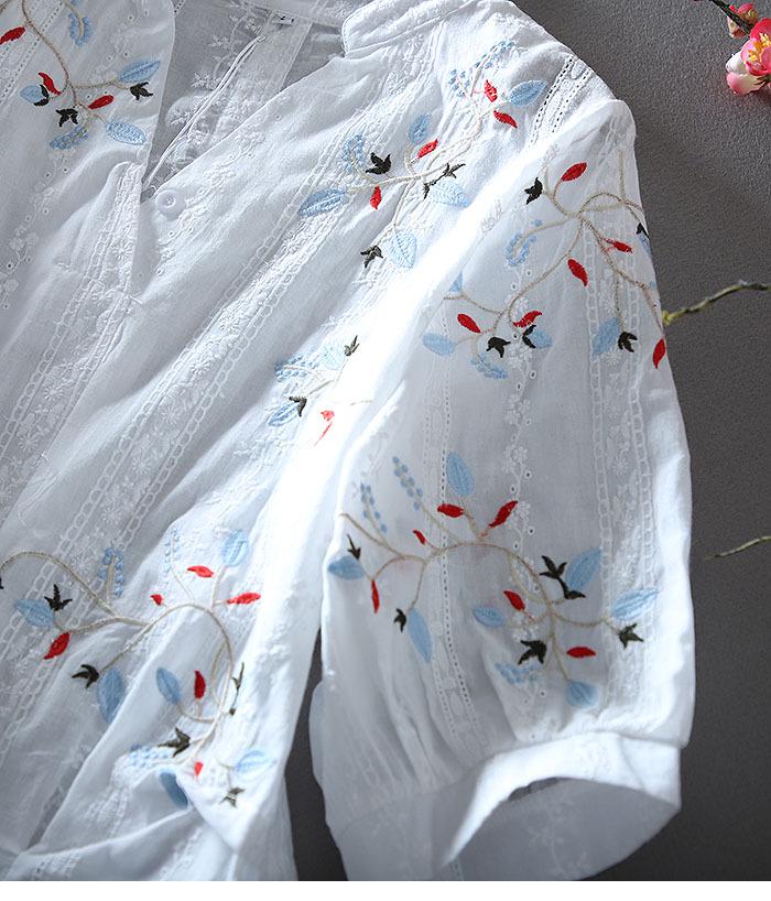 Lace Embroidered V-Neck Slimming Shirt for Women - Summer Casual, High-Waisted, Medium Sleeve