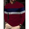 Round Neck 3D Stripe Printed Top Casual Long Sleeved Men's T-shirts - Soft Medium Stretch Polyester Fabric Spring and Autumn Relaxed Fit Clothing