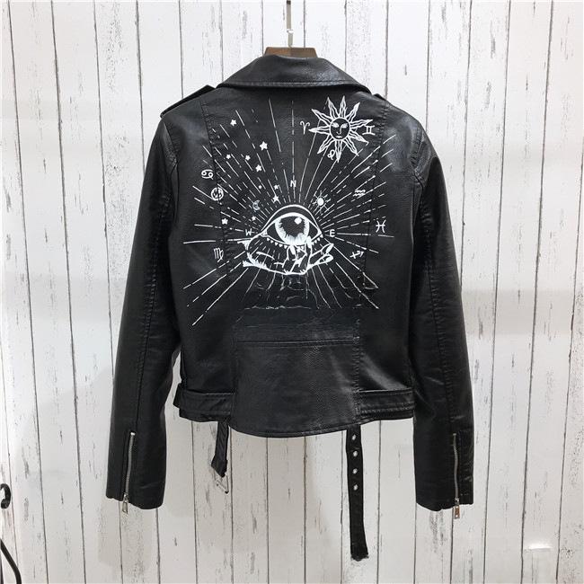 2021 Damen PU-Lederjacke mit Nieten und Reißverschluss, 3D-Druck-Motorraddesign