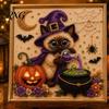 Cute Pet Themed Home Accents Halloween Witch Hat Cat DIY 3D Pearl Painting Kit with Frame, Hand-Pasted Art Craft for Adults, Relaxing Creative