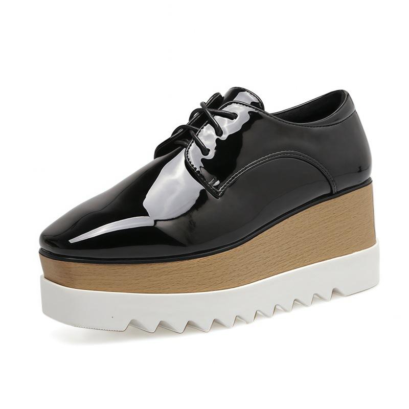 Japanese Autumn Single Shoes Women's  Versatile Patent Leather Straps Thick-soled Wedge Heel Square Head Muffin Shoes Casual HZB