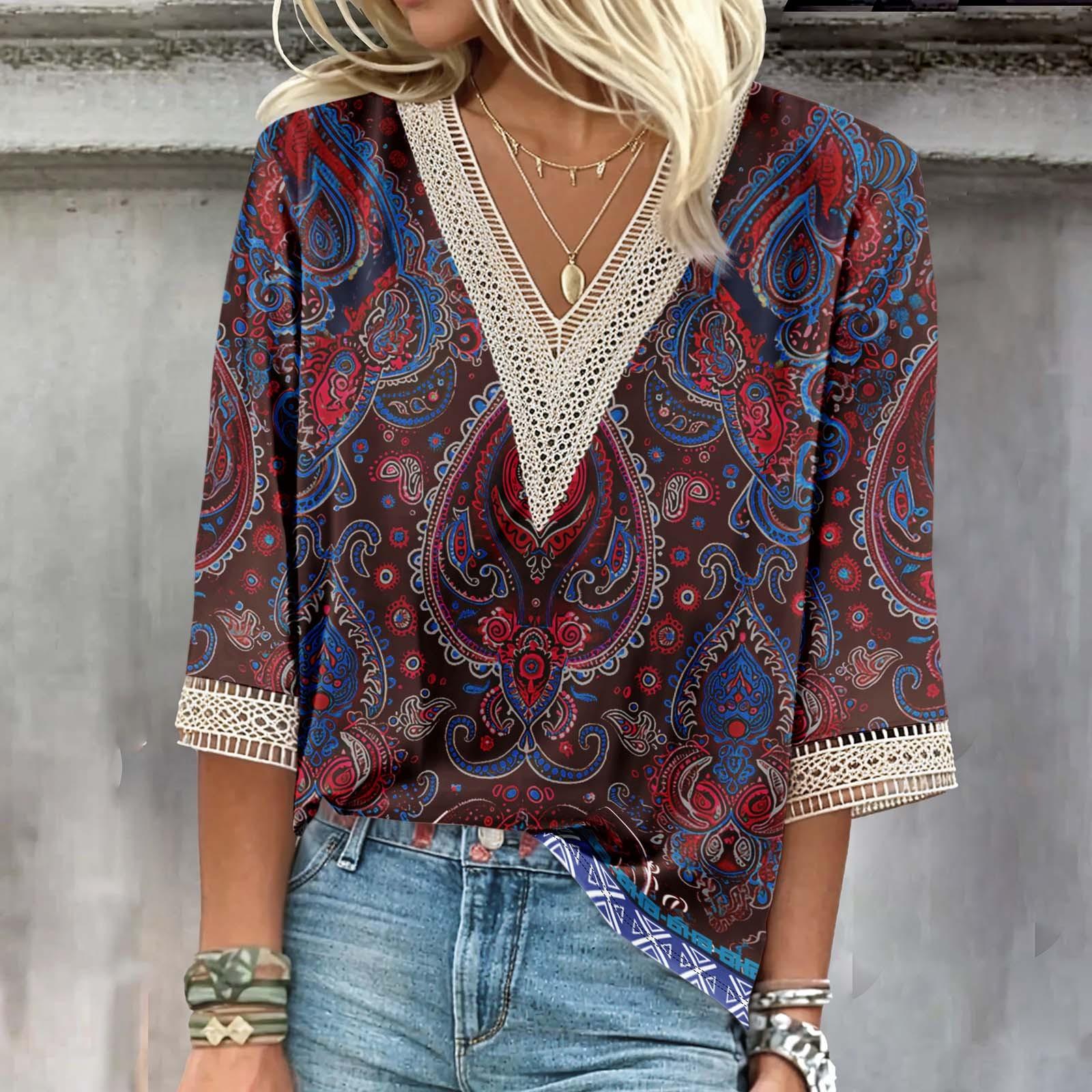 

Женская рубашка, блузка, повседневные свободные рубашки, рукава 3/4, кружевные топы с v-образным вырезом и принтом, топы с принтом, футболки, футболки S винный