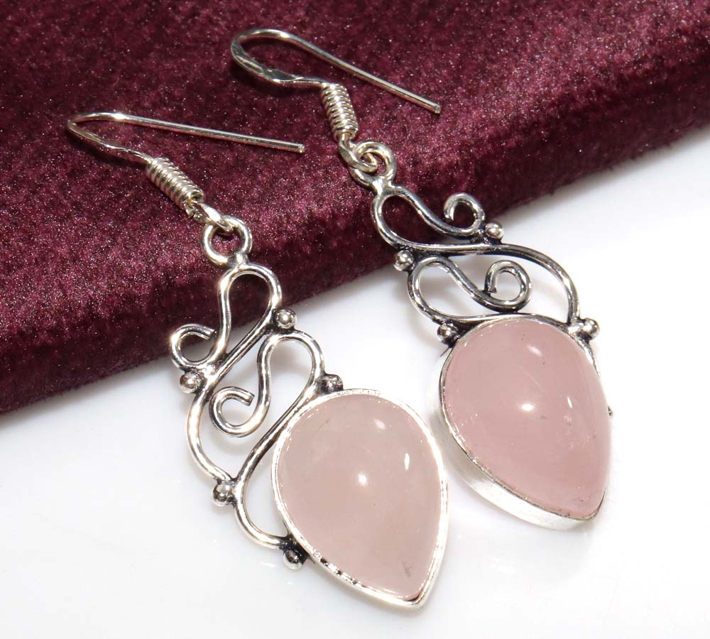 Exclusive Rose Quartz 925 Silver Plated Earrings 2" Wedding Gift Trendy v6P30