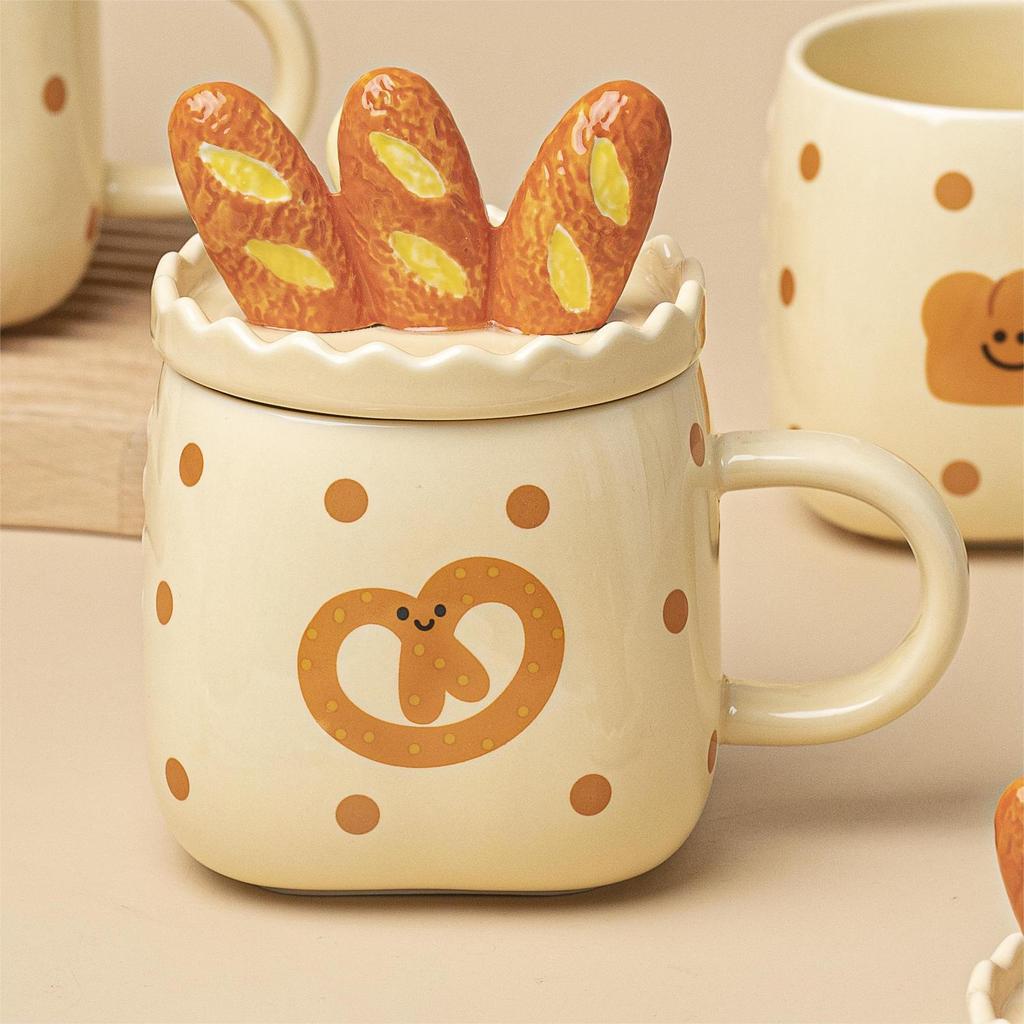 GIANXI 420ml Ceramics Coffee Cup Household Bread Pattern Handle Mug Oat Breakfast Milk Cup With Spoon Friends Christmas Gift