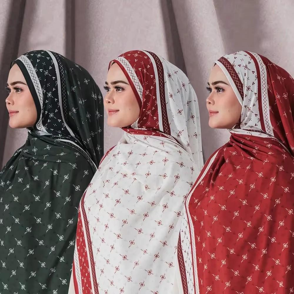 Hijab Musulmano de Chiffon Premium com Estampa de Laço de Ramadã para Mulheres Lenço de Cabeça Macio e Ventilado Touca Turbante Islâmico Bandana Étnica