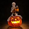 LED Light Up Pumpkin Skeleton Figurine Halloween Tabletop Decoration with Lantern for Indoor Outdoor Festival Display Prop