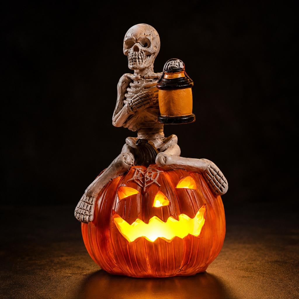 LED Light Up Pumpkin Skeleton Figurine Halloween Tabletop Decoration with Lantern for Indoor Outdoor Festival Display Prop