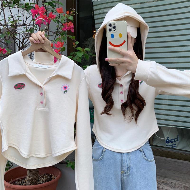 Women's Apricot Polo Long Sleeve Cropped Hoodie - Stylish Autumn/Winter 2023 Pullover with Hood