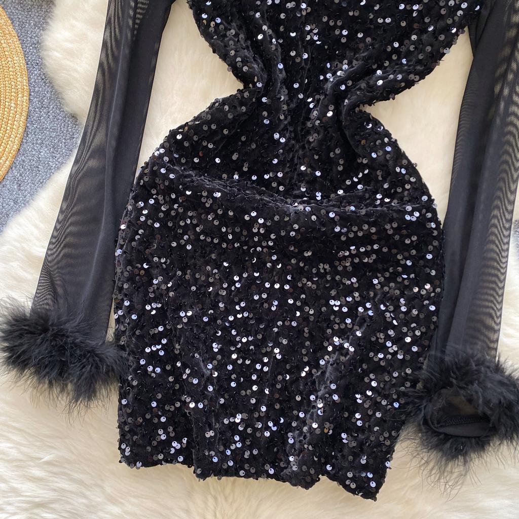 Moteriška šviesi prabangi tinklinio audinio suknele su blizgučiais Moteriška plona plona suknelė vakarienės vakarėliui