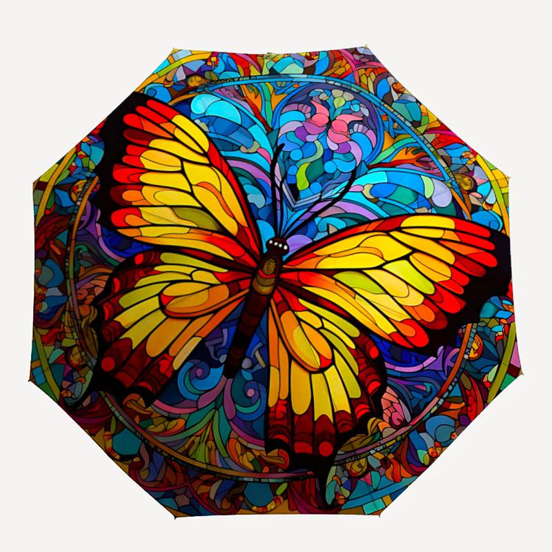 

1pc Butterfly Stained Glass Automatic Folding Umbrella - Portable Collapsible 8-Rib Umbrella for All Seasons yy251119151