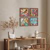 Impresii de Artă Murală cu Păsări și Flori Colorate, Designuri Botanice Vibrante cu Picturi cu Păsări Exotice pentru Decorul Casei și Biroului (9x9 Inci, Set de 4)