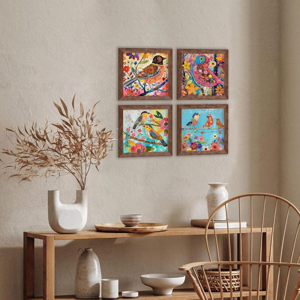 Impresii de Artă Murală cu Păsări și Flori Colorate, Designuri Botanice Vibrante cu Picturi cu Păsări Exotice pentru Decorul Casei și Biroului (9x9 Inci, Set de 4)