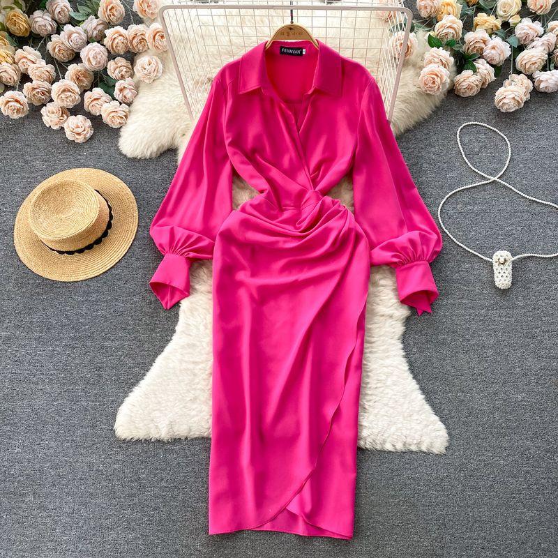 

Accessible Luxury Adult Lady like Woman Pleated Waist Tight Dress Satin Dress Rose Red L