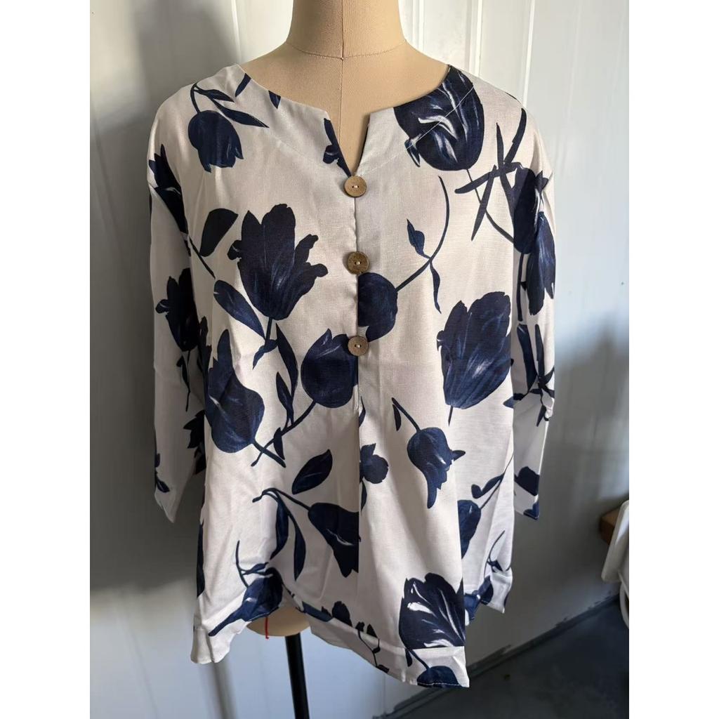 New Arrival Printed Cotton Linen V-neck Short Sleeve Pullover Blouse