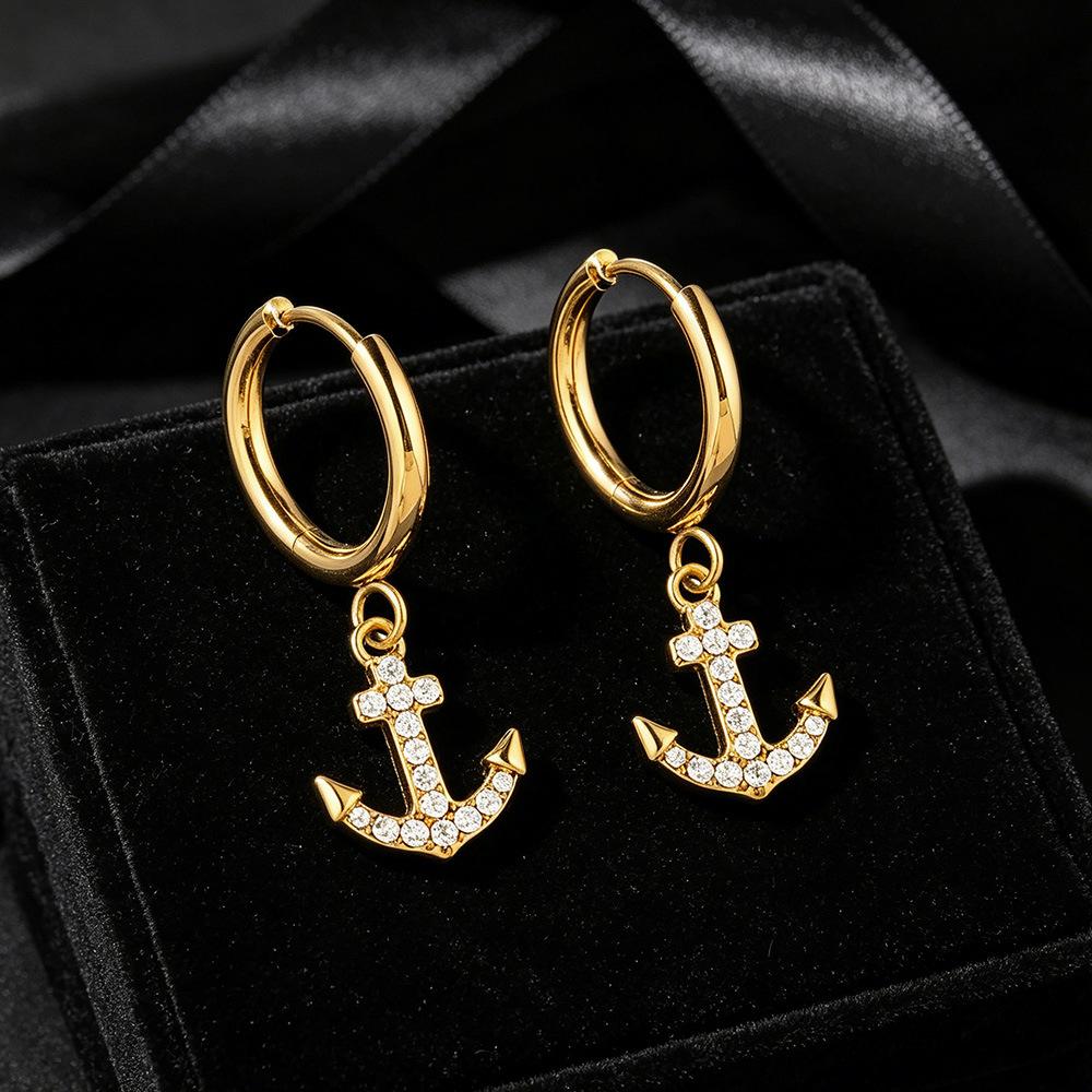Fashion Versatile Stainless Steel White Zirconium Earrings Men's and Women's Small Fresh Starfish Shell Anchor Pendant Earrings Earrings