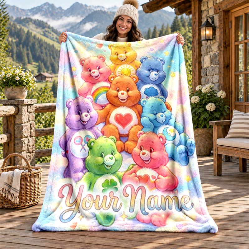Care Bear Custom Name Flannel Blanket Personalized Soft Warm Plush Throw Blanket Customized Gift for Family Friends