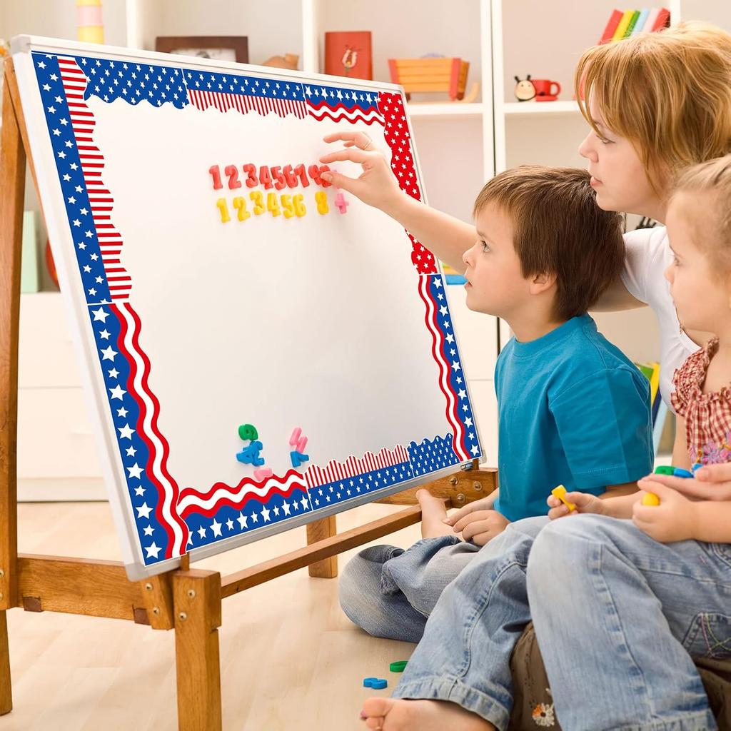 Waline 69Ft 4th of July Bulletin Board Trim Border Stickers 4 Design Self-Adhesive n Flag Border Decals for Independence Day Classroom Decoration