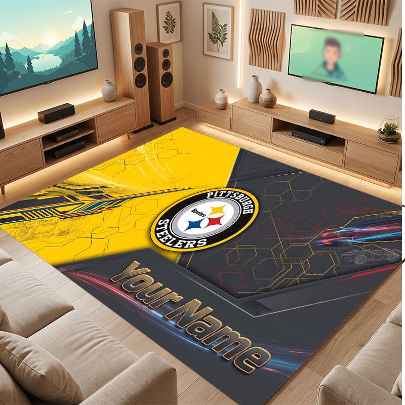 Pittsburgh Steelers Personalisiertes Kristall-Samt-Teppich, Benutzerdefinierter Name Text Weicher Anti-Rutsch-Teppich für Wohnzimmer Schlafzimmer