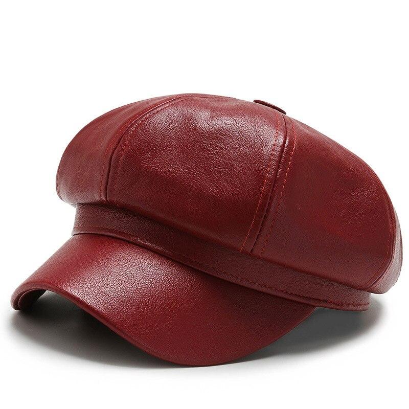 1pc Retro Fashion Women's Pu Leather Octagonal Hat Versatile Autumn And Winter Temperament Big Head Circumference Beret