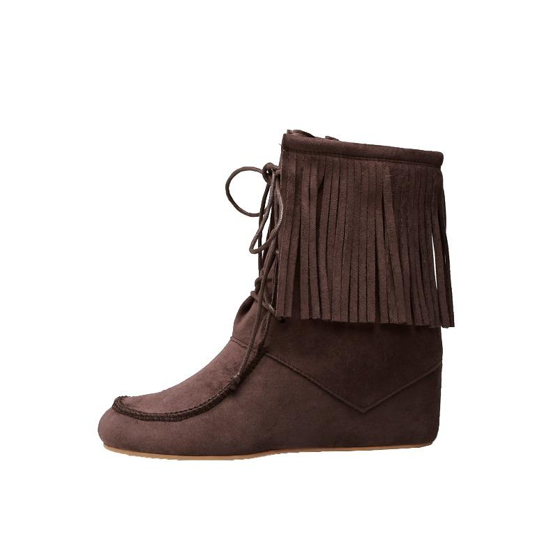 

Tassel medium boots women s boots autumn and winter new inner height increase round head lace-up retro cow anti-suede Martin boots tide 40