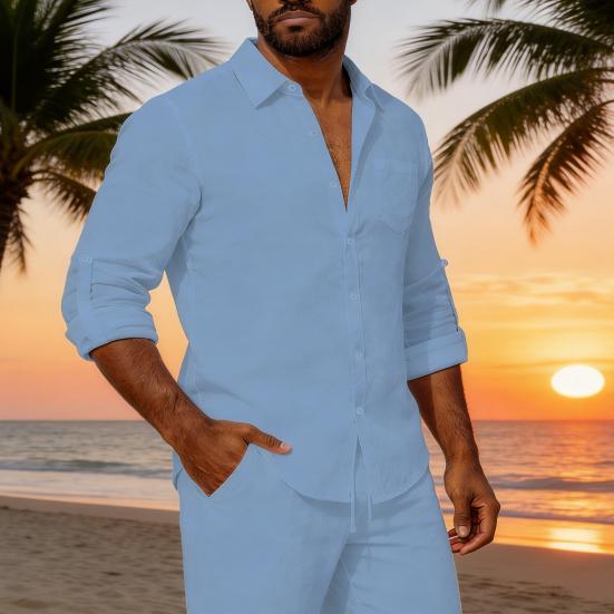 Men Long Sleeve Shirt Turndown Collar Button-Down Shirt Loose Fit Solid Color Shirt for Summer Beach Vacation Travel