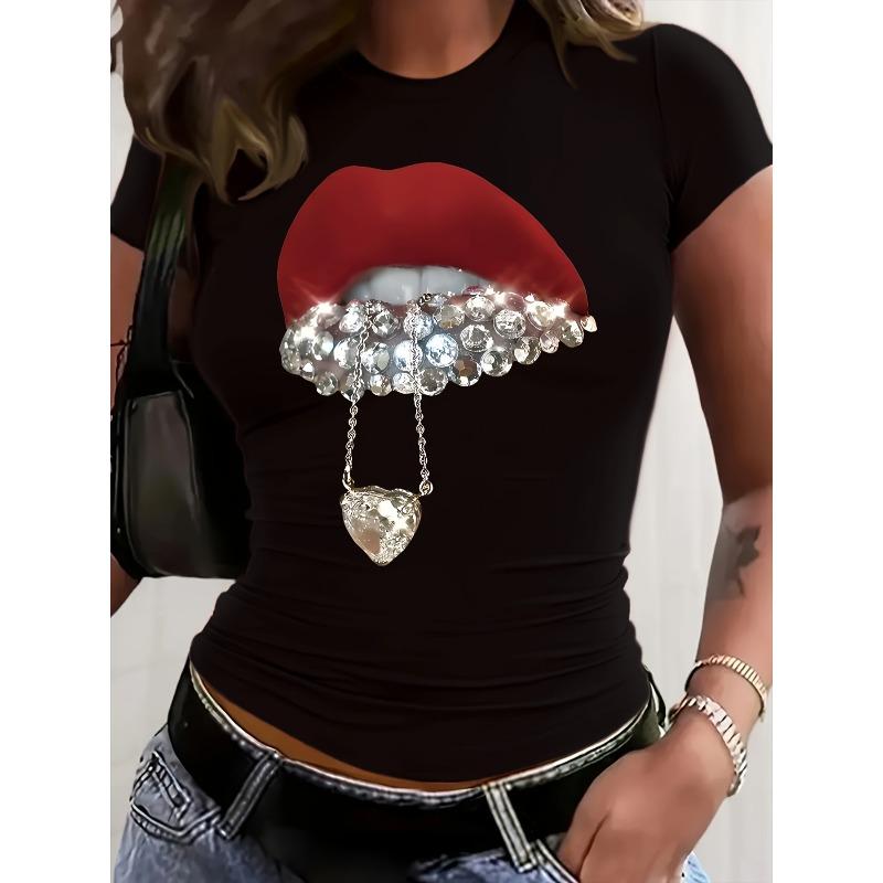 Europäische Größe Y2K T-Shirt mit Lippen- & Kettenprint - Glänzendes Lippenstift- & Schmuckdesign Kurzarm Rundhals Bluse