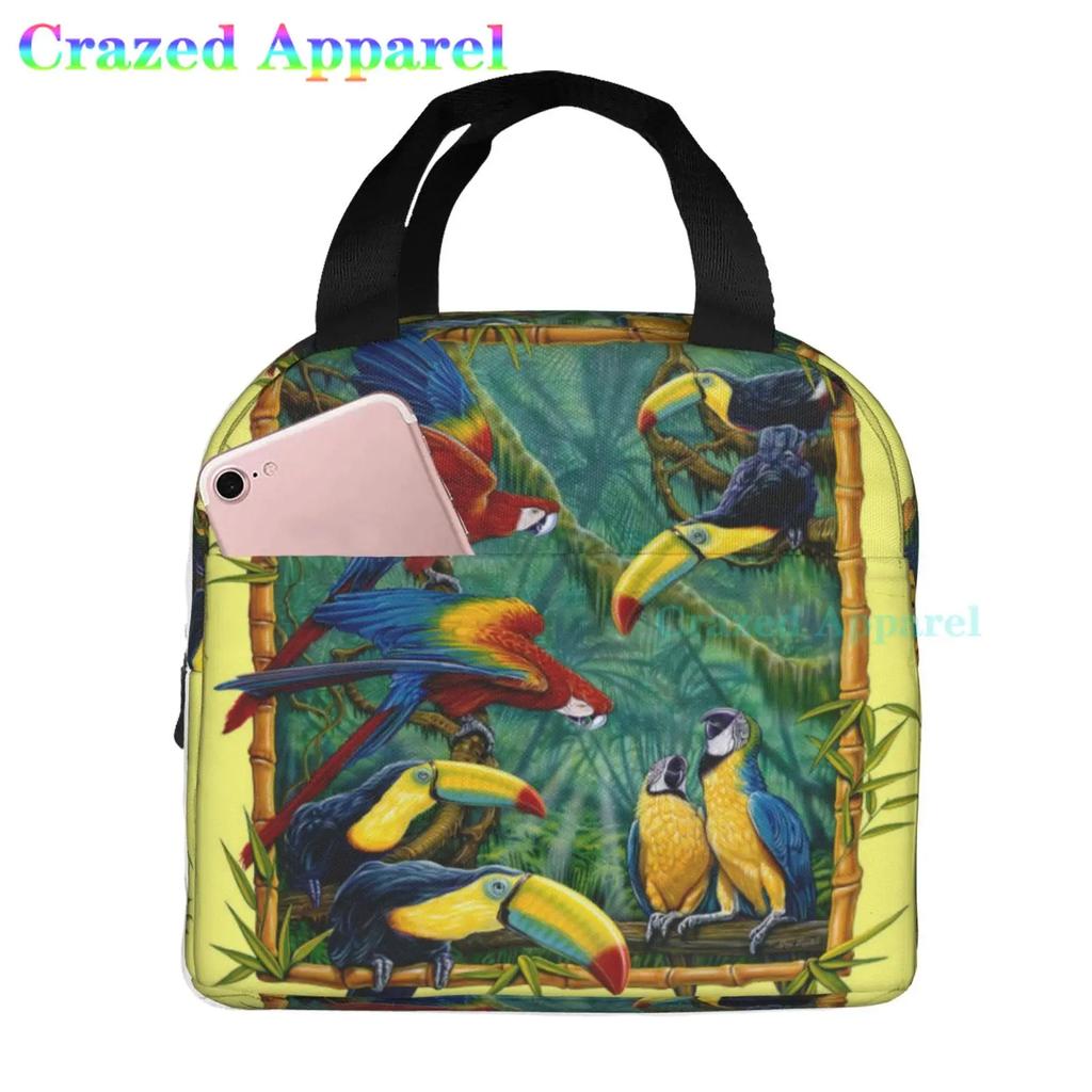 Painted Parrots Birds Plam Tree Oxford Cloth Lunch Bag Tote Lunch Box Reusable Cooler Organizer Bag For Unisex Fishing Picnic