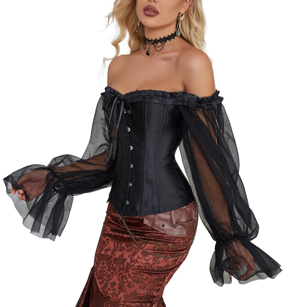 Vintage Mesh Bubble Sleeves Off-the-shoulder Corset European and American Street Sexy Shapewear Corset Fishbone Corset