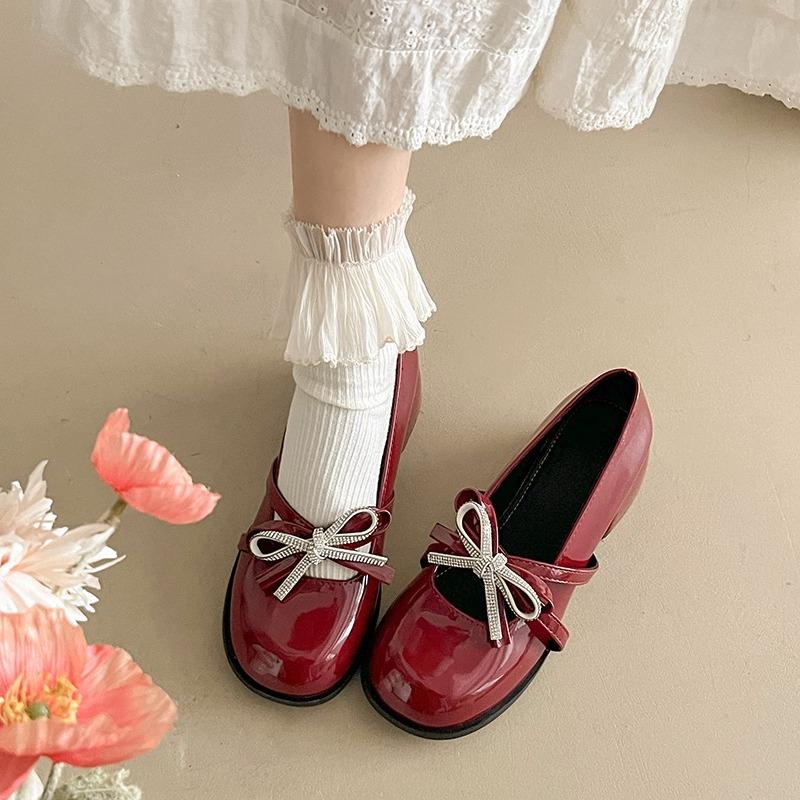 Block Heel Mary Jane Single Shoes Women's Round Toe Shallow Slip Rhinestone Bow Slip Anti-Slip Wear-Resistant High Heels
