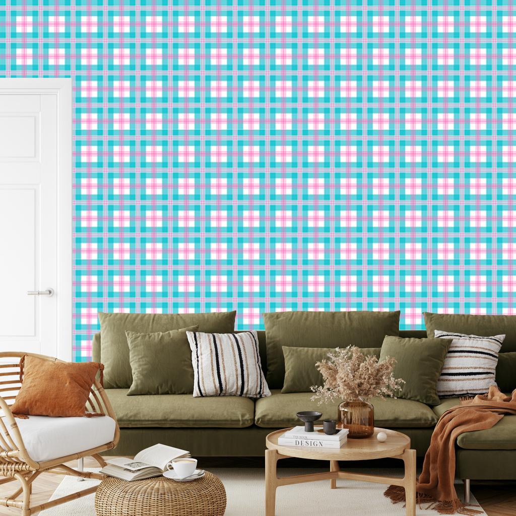 Pink and blue checkered wallpaper, celadon and powder pink, 50x1000