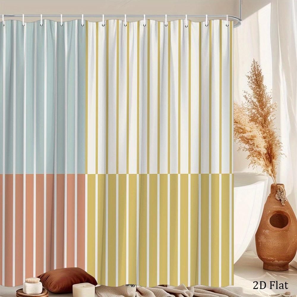 Tri-Color Vertical Stripe Illustration Shower Curtain 1Pc With 12 Hooks For Bathroom Home Decor Polyester 70.8X70.8 Inch