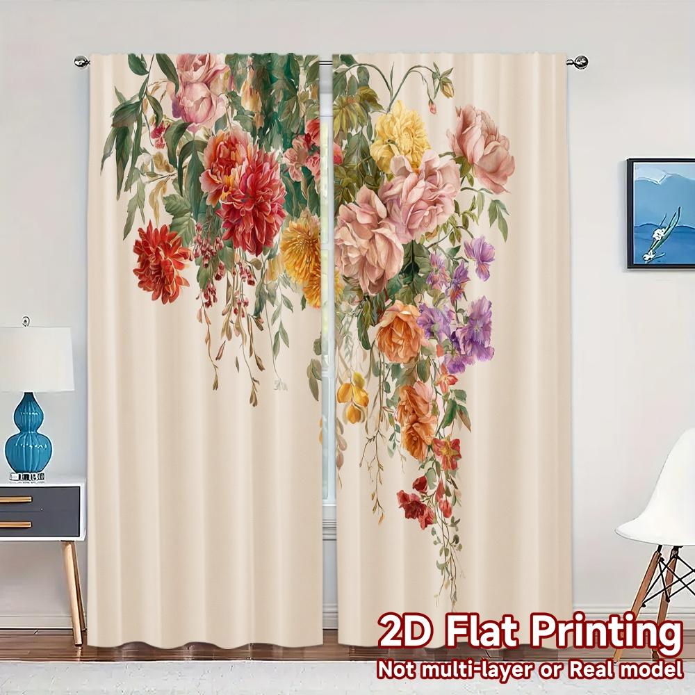 

Set Of 2 Flat Printing Jit Curtains Without Rod Floral Drapes Creative Versatile Polyester Modern Made W100*H70(CM)-Hooks&1PCS