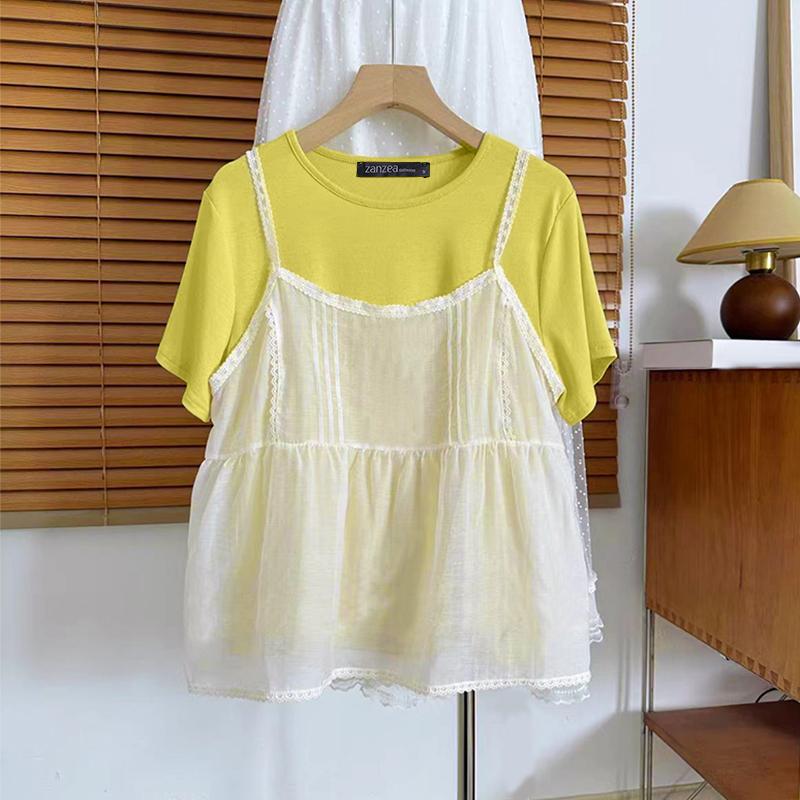 

ZANZEA Женские повседневные футболки с коротким рукавом в стиле пэчворк, имитирующие костюм-двойку, на лето M