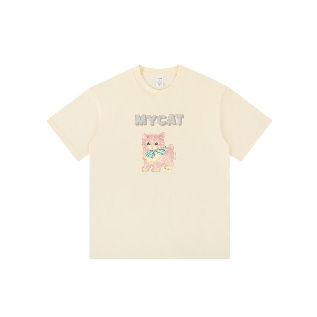 Pearl Pink Kitten Print Loose Round Neck Women's Short Sleeve T-Shirt