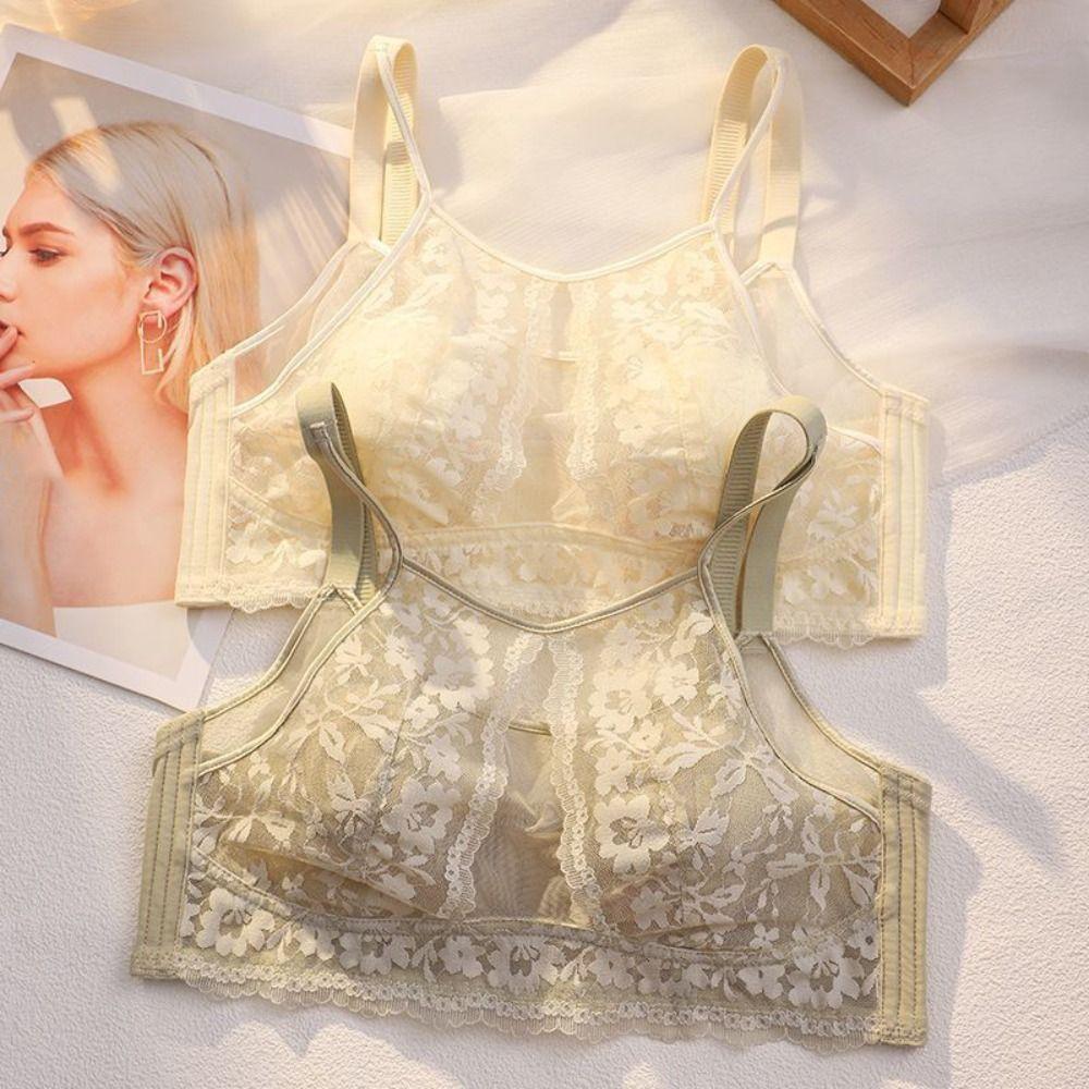 Shockproof Underwear for Women Anti-sagging Lace Thin Bra Breathable Wireless Deep V Bra  Girls
