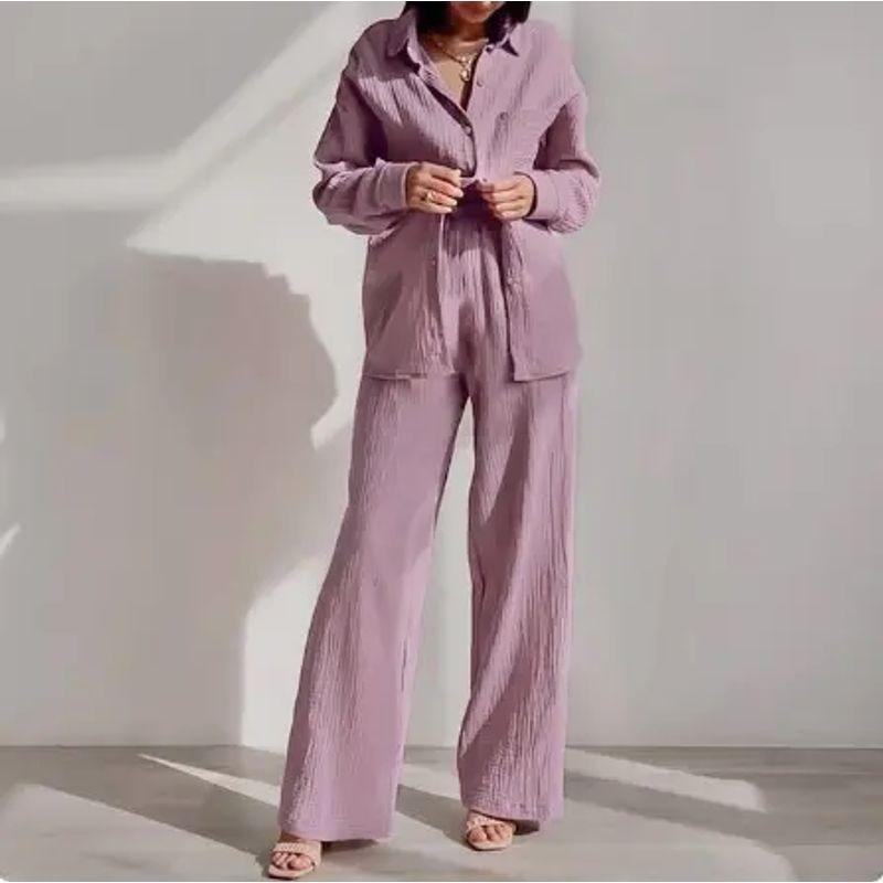 

2025 European and American Style Women Long Sleeves Pajamas Simple Homewear 2 Pieces Suit 2-Piece Home Suit Set Purple M