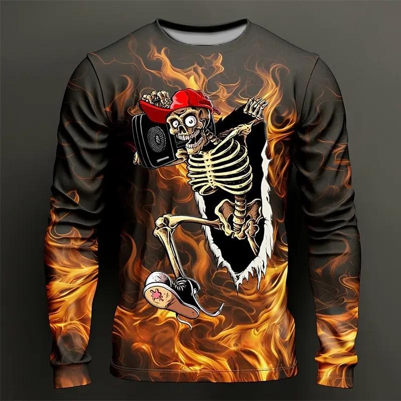 2026 neues Herbst/Winter 3D-Druck Flammen-Kratzmuster 3D-Druck Herren Rundhals-T-Shirt Langarm Locker Mode Oberteil