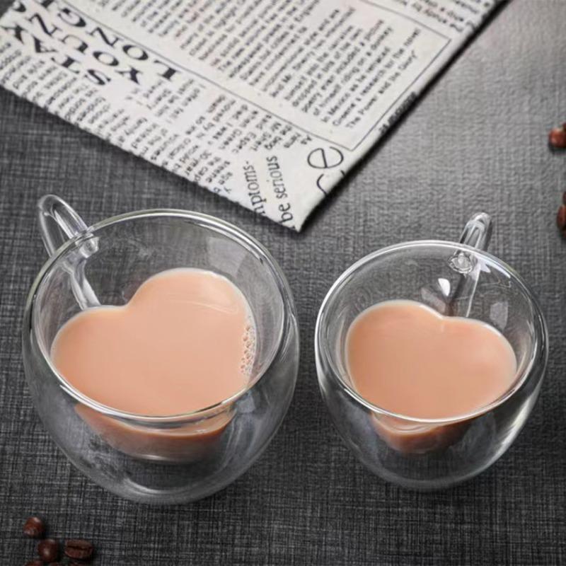 170/280ml Borosilicate Double Wall Heat Resistant Glass Cup Heart Shape Coffee Tea Milk Cup with Handle for Home Office Travel