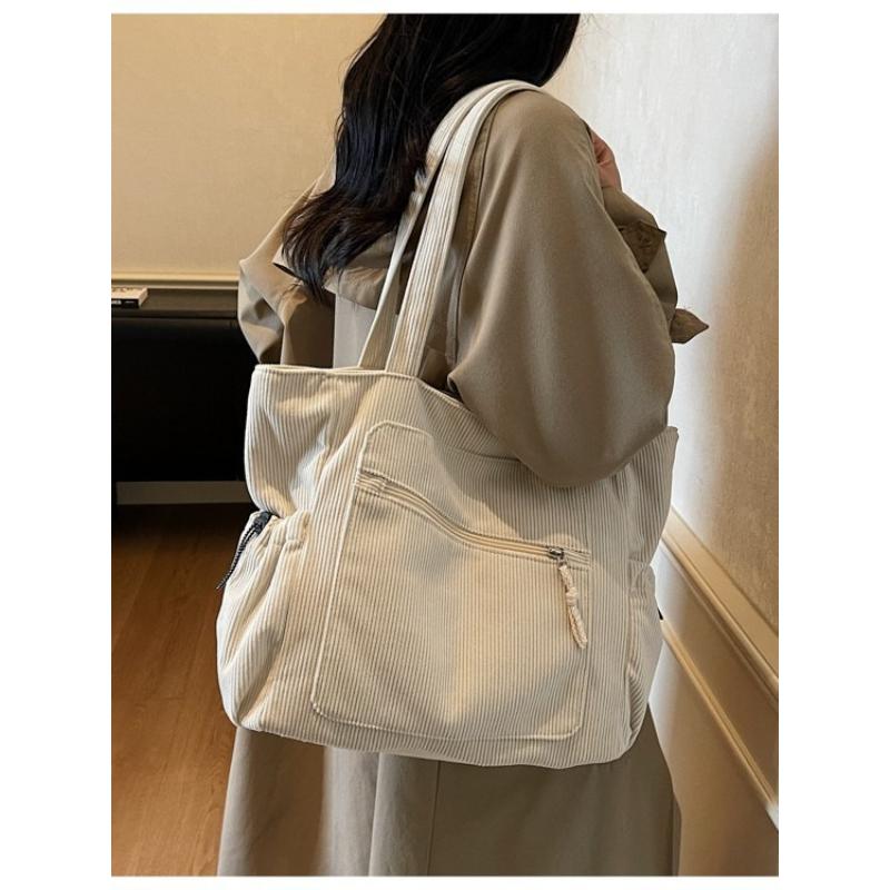 Vintage Corduroy Tote Bag for Women Large Capacity Shoulder Bag Casual Handbag College School Shopping Travel Tote Bag