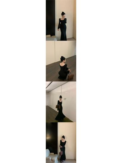 Atmospheric Korean-Style 2025 Black Fishtail Dress for Women