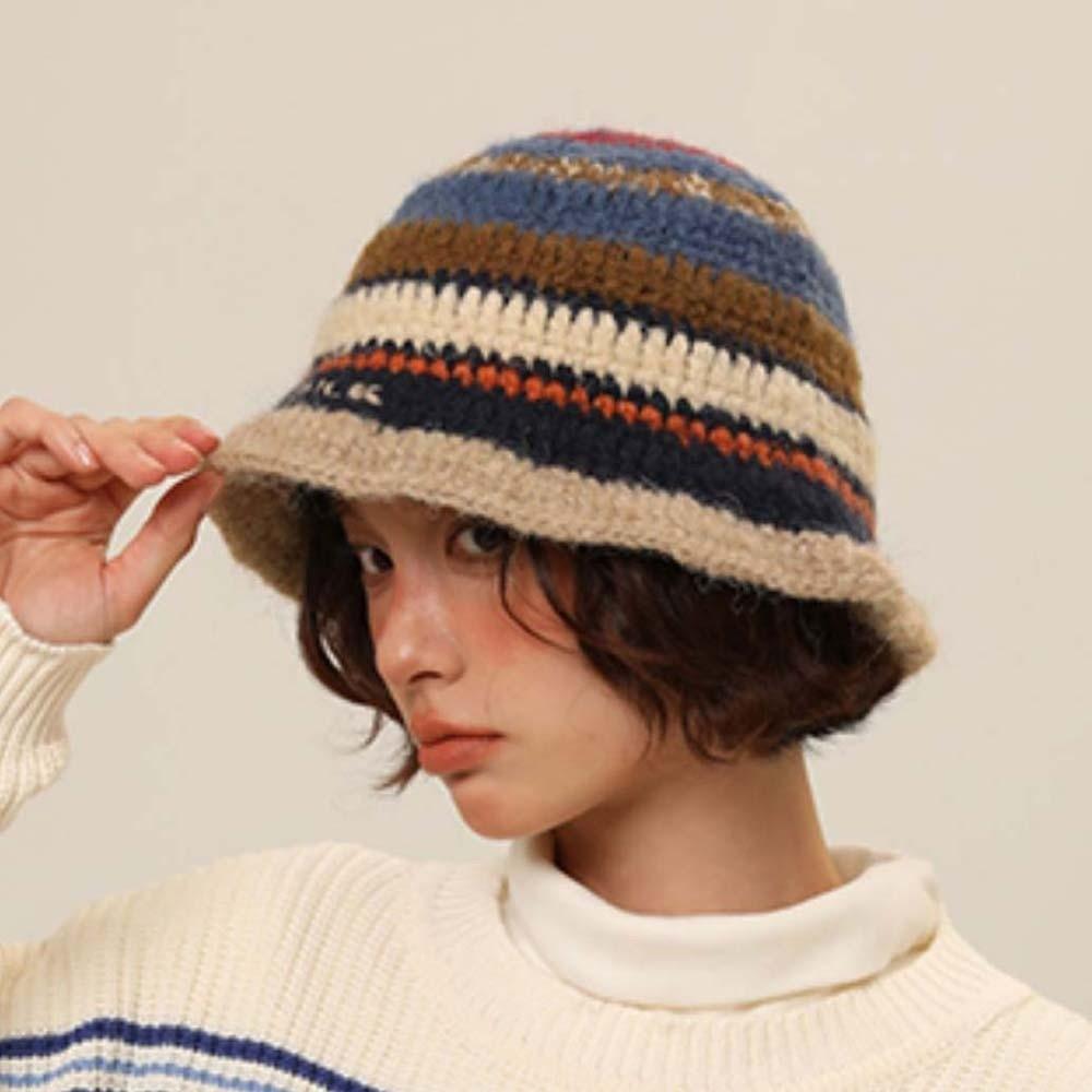 Anti-cold Knitted Bucket Hat Warm Woven Basin Cap Seaside Beach Cap Striped Fisherman Hat  Vacation