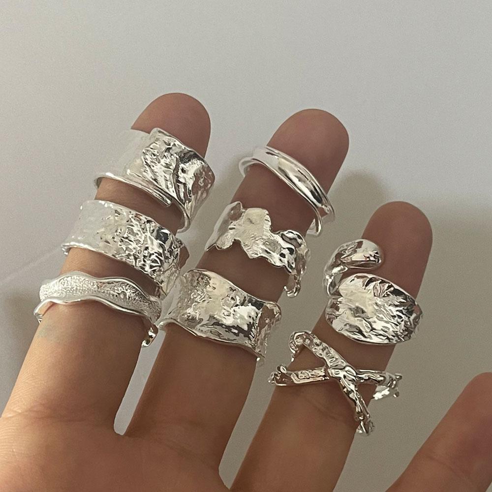 BF CLUB Anneaux Couleur Argent pour Femmes Mode Géométrique Fait Main Irrégulier Brillant Anneau Doré Fête Cadeau de Noël