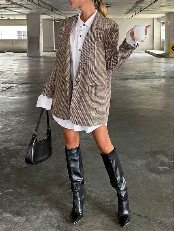 2025 European Cross-border Houndstooth Street Style Loose Retro Plaid Coat.