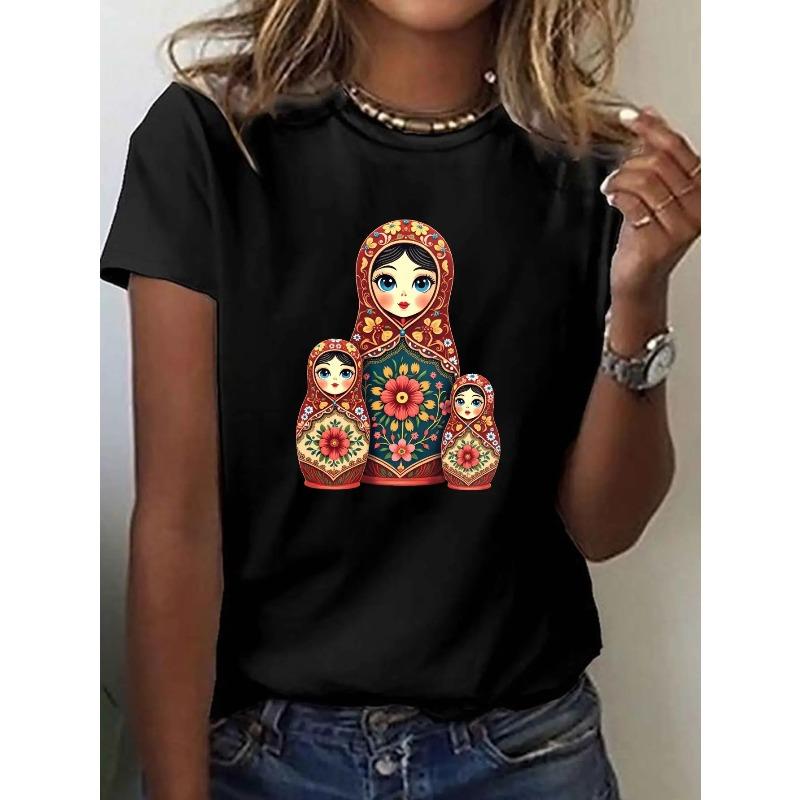 Women's Russian Matryoshka Nesting Doll Print T-Shirt Casual Crew Neck Short Sleeve All-Season Top