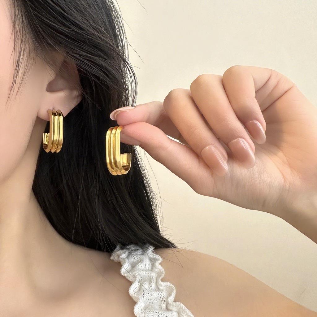 Gold Titanium Steel Multilayer Hoop Earrings - Light Luxury, Colorfast, High-End Feel