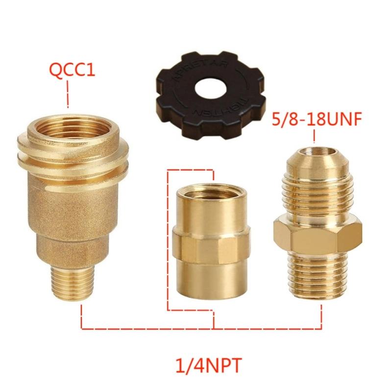 Professional Brass Connector Set QCC1 Tank Adapter & 3/8 Flared Pipe Fitting 1/4 Inch for Gas Refrigeration Lines